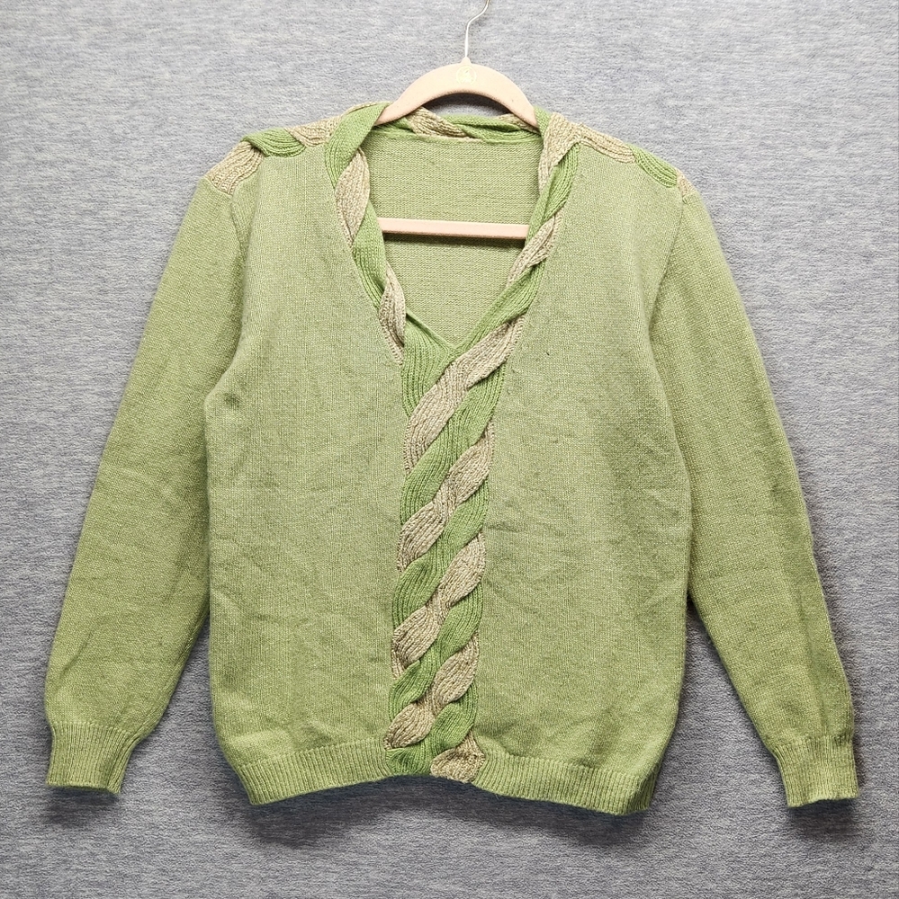 Vintage 90s Sweater knit Braided Olive Wool Angora oversized Cabin Preppy Boho
